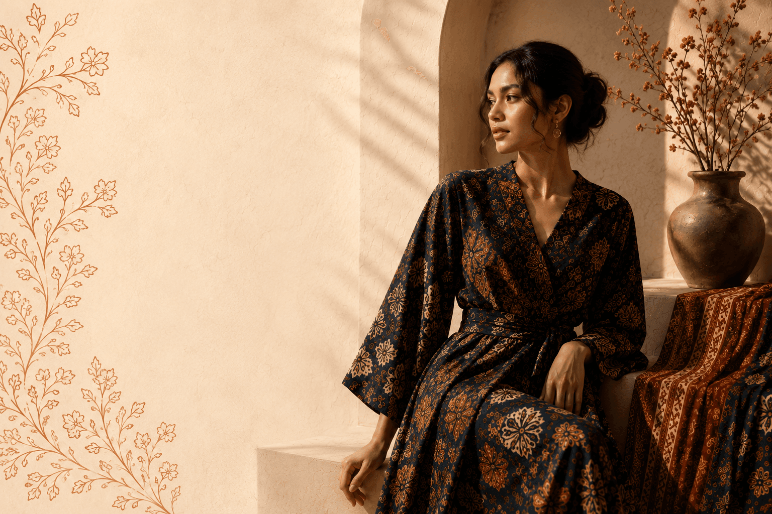 Model wearing a dark floral Batik wrap dress in a warm studio setting