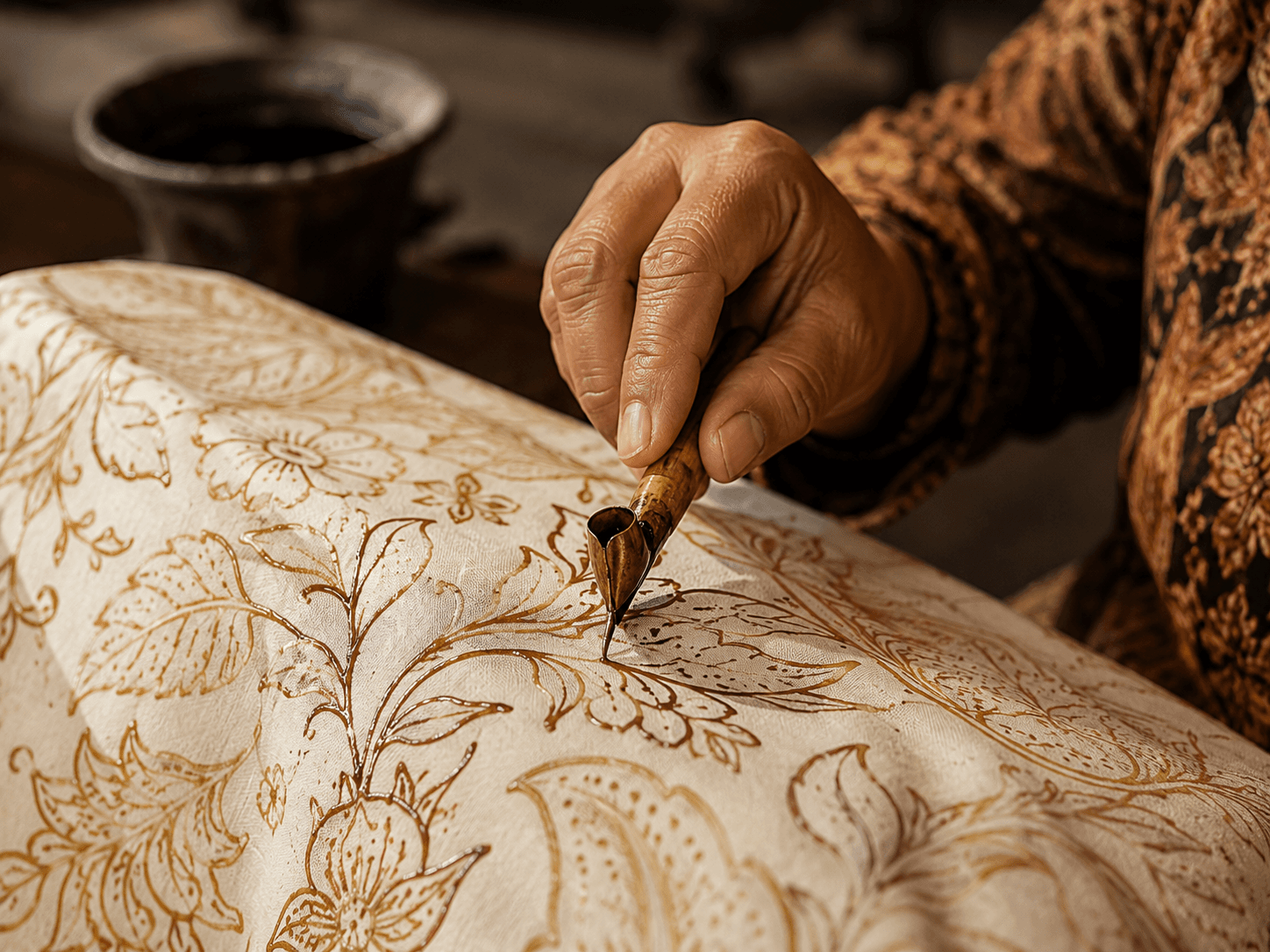Artisan drawing a Batik motif by hand