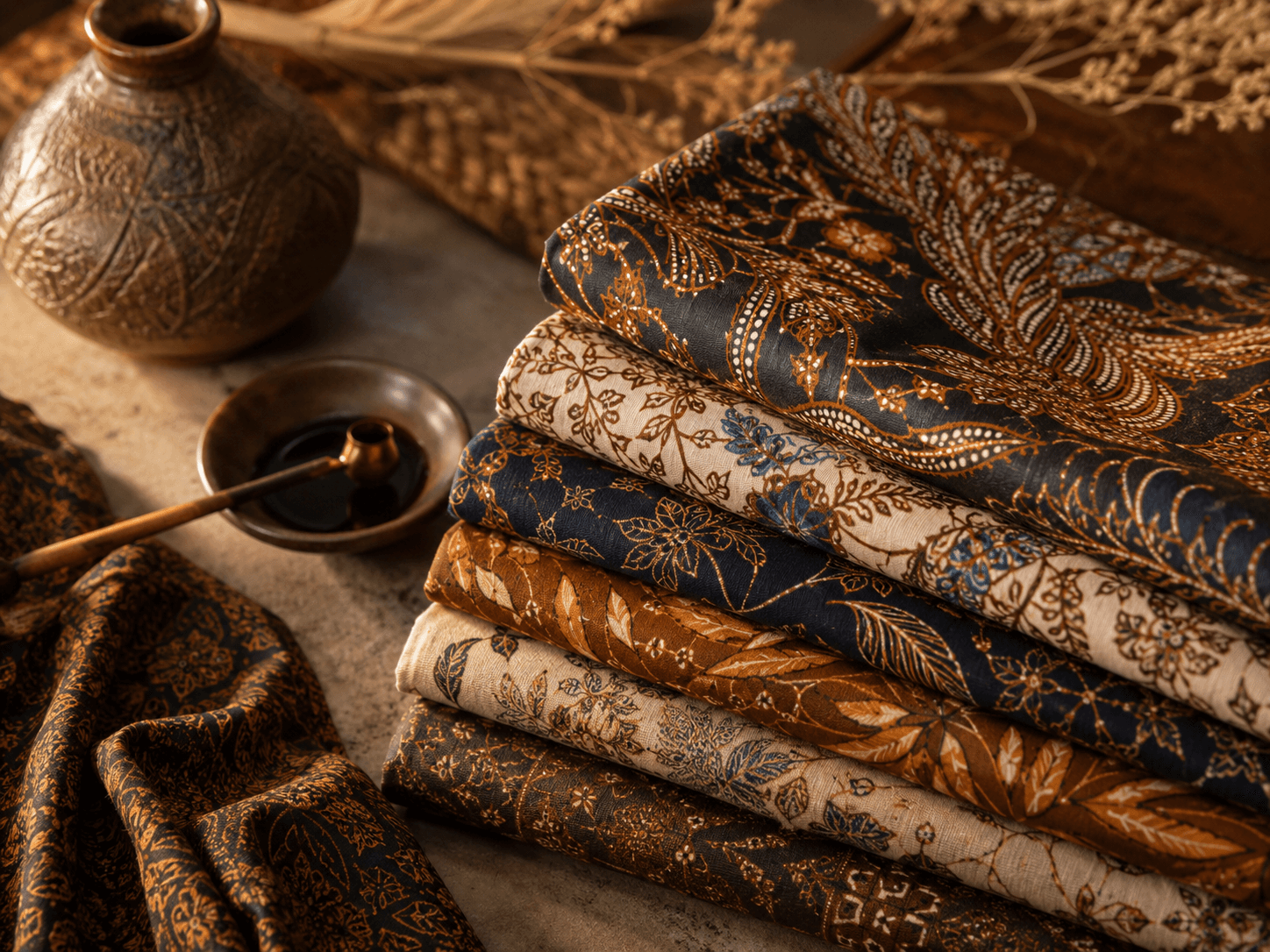 Blue Batik textile being worked on a wooden frame