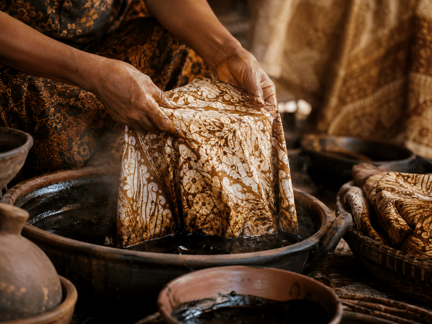 Close detail of warm-toned Batik fabric