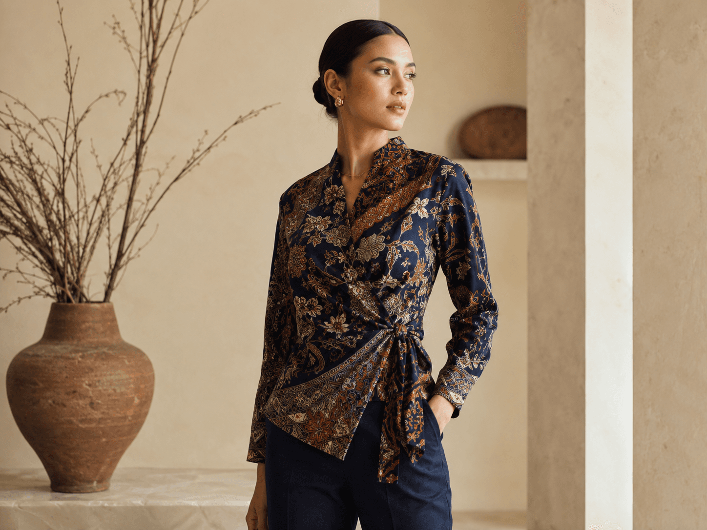 Indigo batik shirts styled for refined workwear